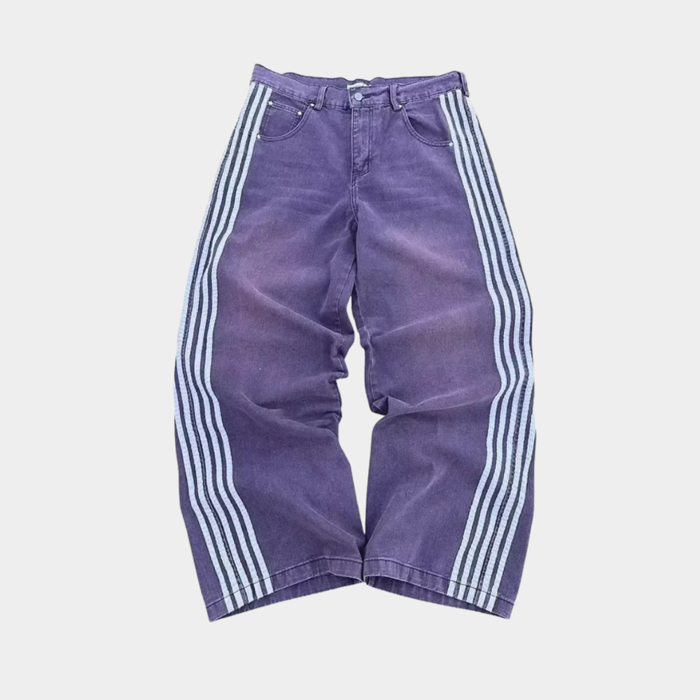 Embroidered Striped Baggy Jeans - Purple