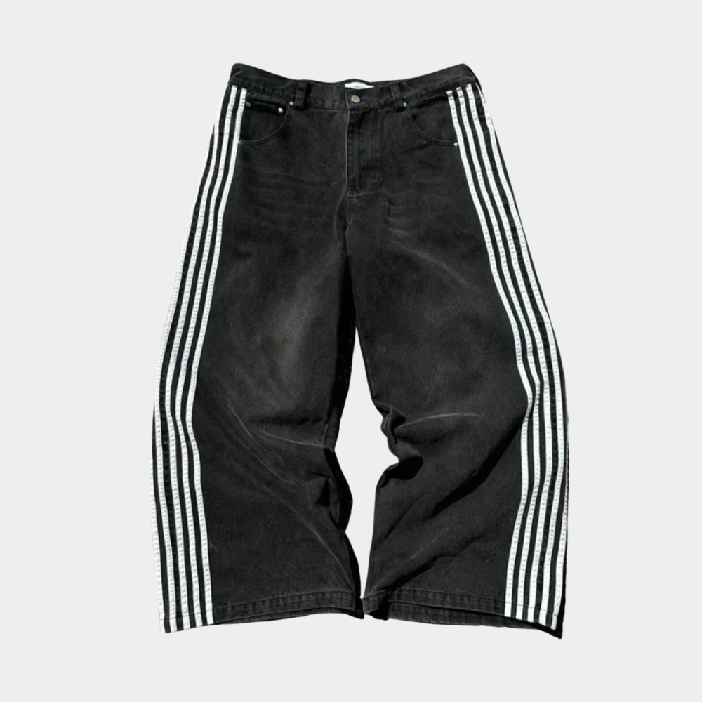 Embroidered Striped Baggy Jeans - Black/White