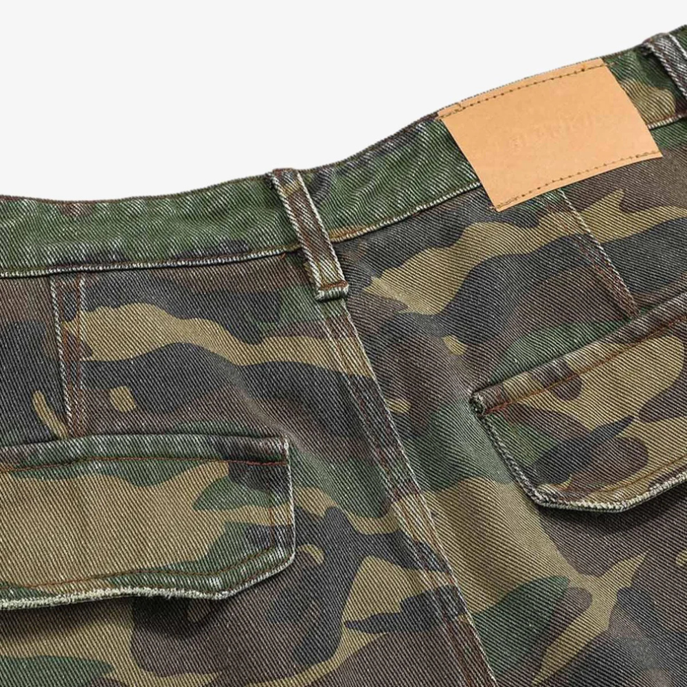 Woven Ripped Camouflage Flared Cargo Pants