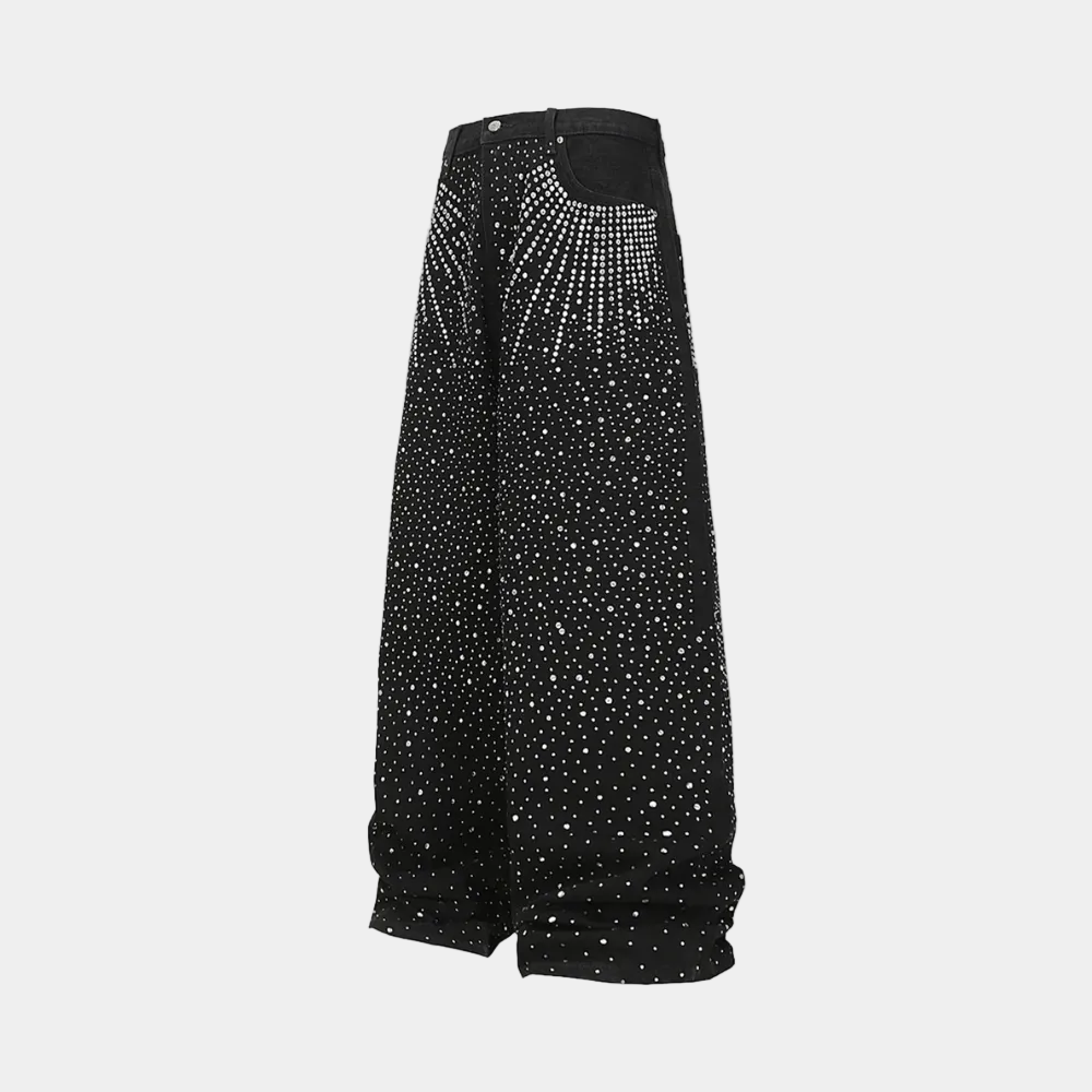 Retro Denim Full Rhinestone Design Baggy Jeans