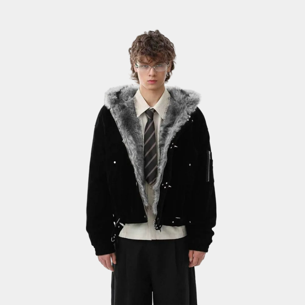 Streetwear Metal Clip Faux Fur Hooded Suede Bomber Jacket