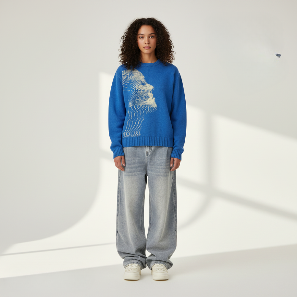 'Vibrations' Graphic Knitted Sweater - Ocean Blue