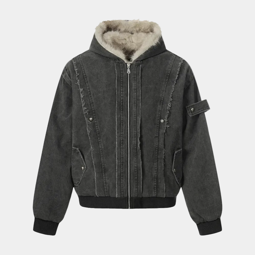 Retro Washed Fleece-lined Hooded Work Jacket