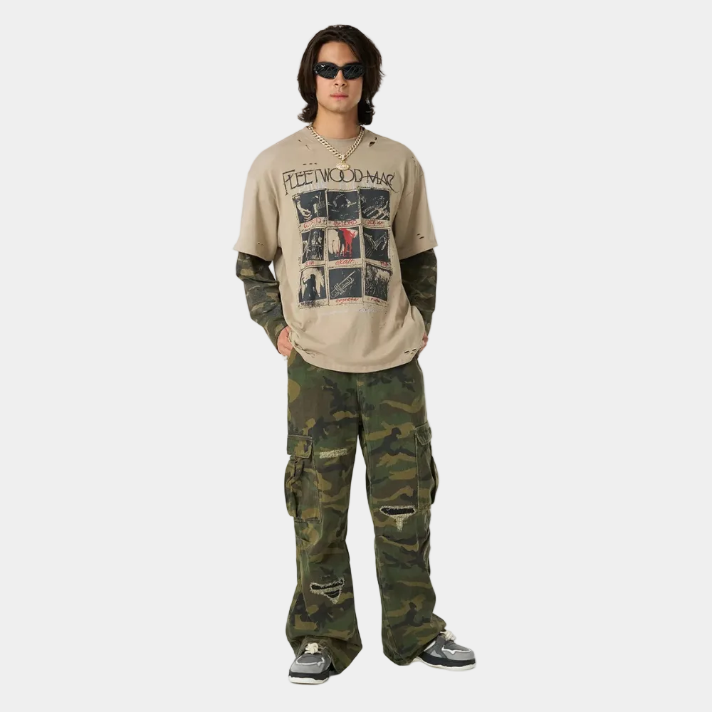 Woven Ripped Camouflage Flared Cargo Pants