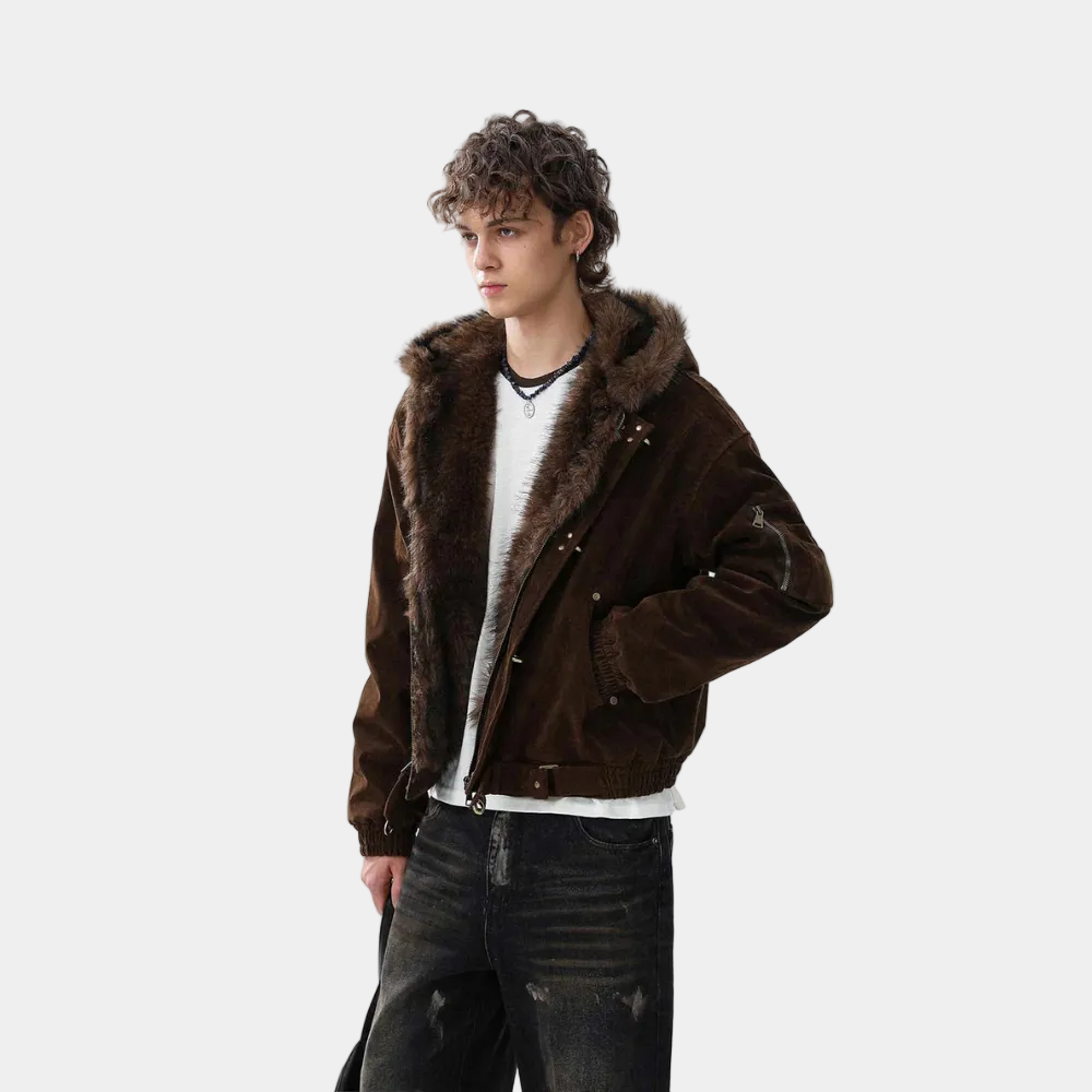 Streetwear Metal Clip Faux Fur Hooded Suede Bomber Jacket