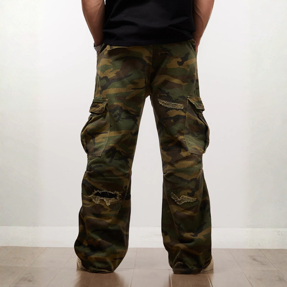 Woven Ripped Camouflage Flared Cargo Pants