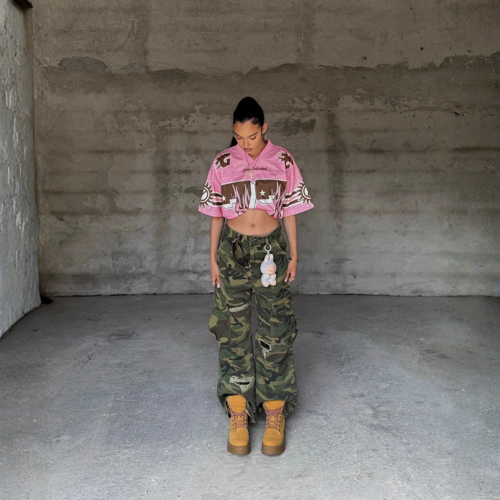 Woven Ripped Camouflage Flared Cargo Pants