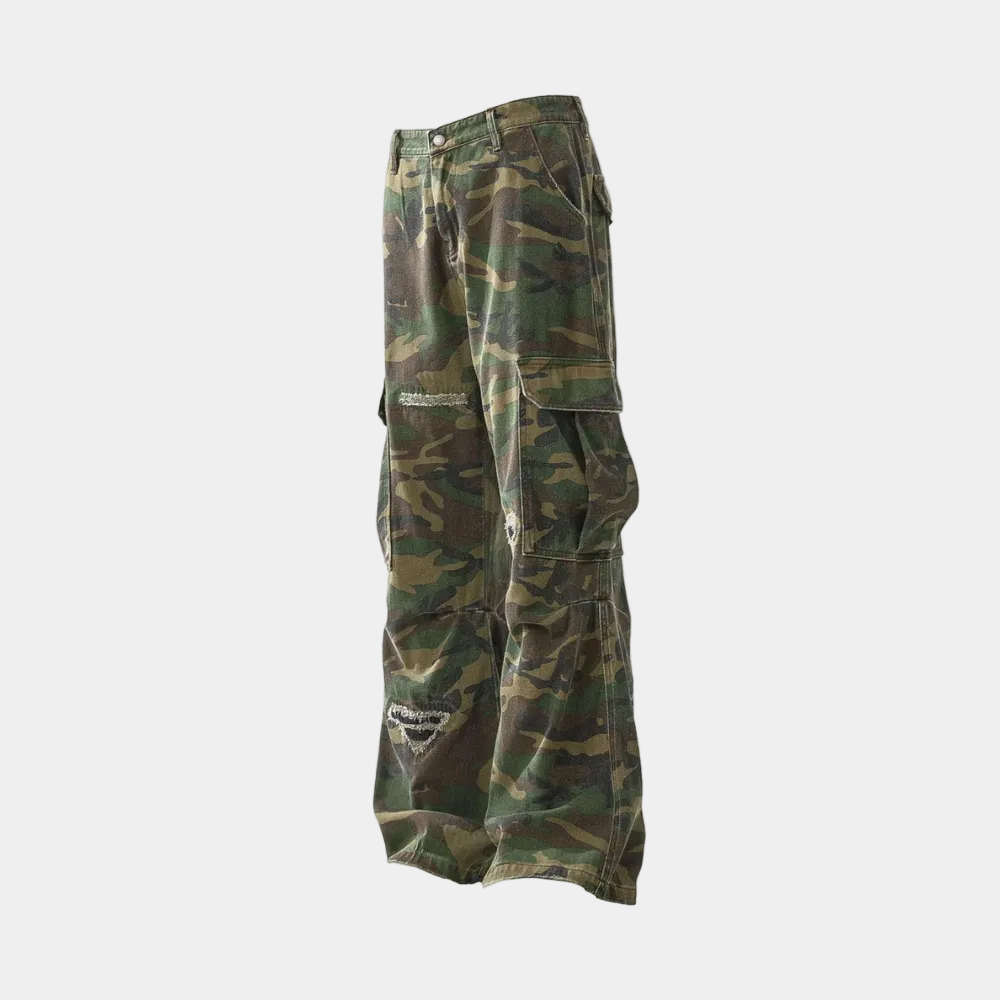 Woven Ripped Camouflage Flared Cargo Pants